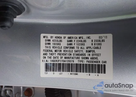 2013 Honda Accord Lx z USA, uszkodzony, nr VIN 1HGCR2F37DA129578